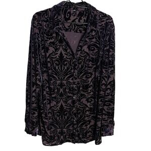 Womens Velvet Burnout Blouse Shirt Size 1X Purple Button Up Roll Tab Sleeve